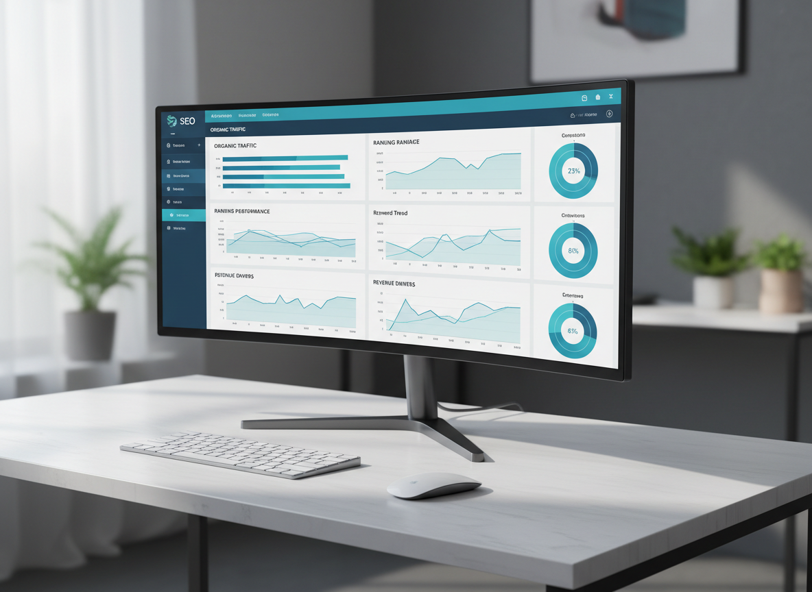 A sleek, ultra-wide computer monitor displays a vibrant SEO analytics dashboard filled with clear graphs, keyword trend lines, and conversion funnels, all in a refined blue and teal palette. The monitor stands on a clean white desk with a brushed aluminum finish, flanked by a minimalist wireless keyboard and mouse. Soft, diffused daylight from an unseen window casts gentle reflections across the glossy screen and subtle shadows on the desktop. Photographic realism with a clean, modern aesthetic, shot at eye level with a slight three-quarter angle, sharp focus on the screen while the background softly blurs. The mood is professional and confident, conveying clarity and control over marketing performance and revenue-driving metrics.