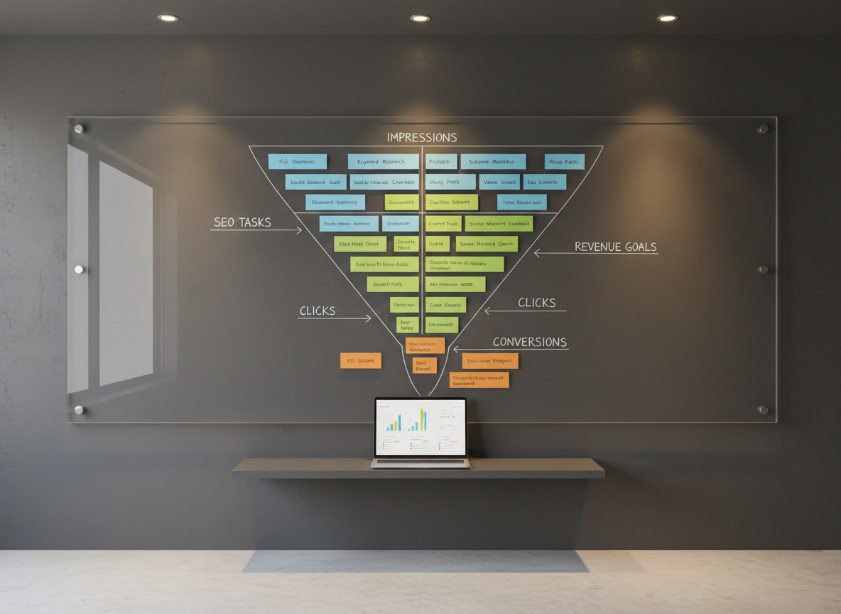 A large, transparent acrylic board mounted on a charcoal grey wall is covered with meticulously arranged, color-coded sticky notes labeled with SEO tasks, content topics, and revenue goals. Fine lines connect notes into a structured funnel, with arrows pointing from impressions to clicks to conversions. A slim laptop rests on a nearby matte-black console table, its screen glowing with a simplified analytics overview. Overhead, soft recessed LED lighting creates a focused, professional ambiance, with subtle reflections in the acrylic surface. Captured in photographic realism from a slightly elevated angle using the rule of thirds, the composition emphasizes the clear, organized path from wasted spend to optimized strategy, with a crisp, modern business feel.