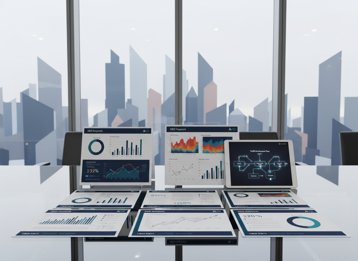 A polished glass conference table holds an array of printed SEO reports: neatly stacked pages with colored charts, heatmaps, and clear ROI summaries, all branded in deep navy and teal tones. Beside the reports sits a tablet showing a clean, high-contrast traffic-to-revenue flow diagram. The room features floor-to-ceiling windows revealing an abstract city skyline, with soft overcast daylight bathing the scene in even, neutral light. Gentle reflections shimmer on the glass tabletop, adding depth. Photographic realism at a slightly elevated, wide-angle view emphasizes sharp detail across the entire frame. The mood is analytical yet optimistic, suggesting strategic decisions backed by transparent data and actionable insight.